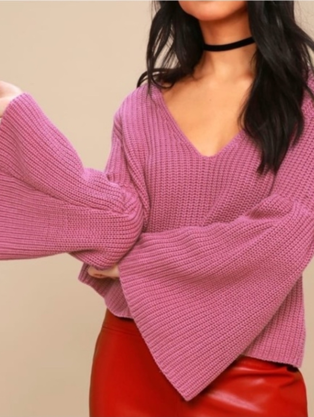 Free People Pink Cable Knit Bell Sleeve Pullover Sweater